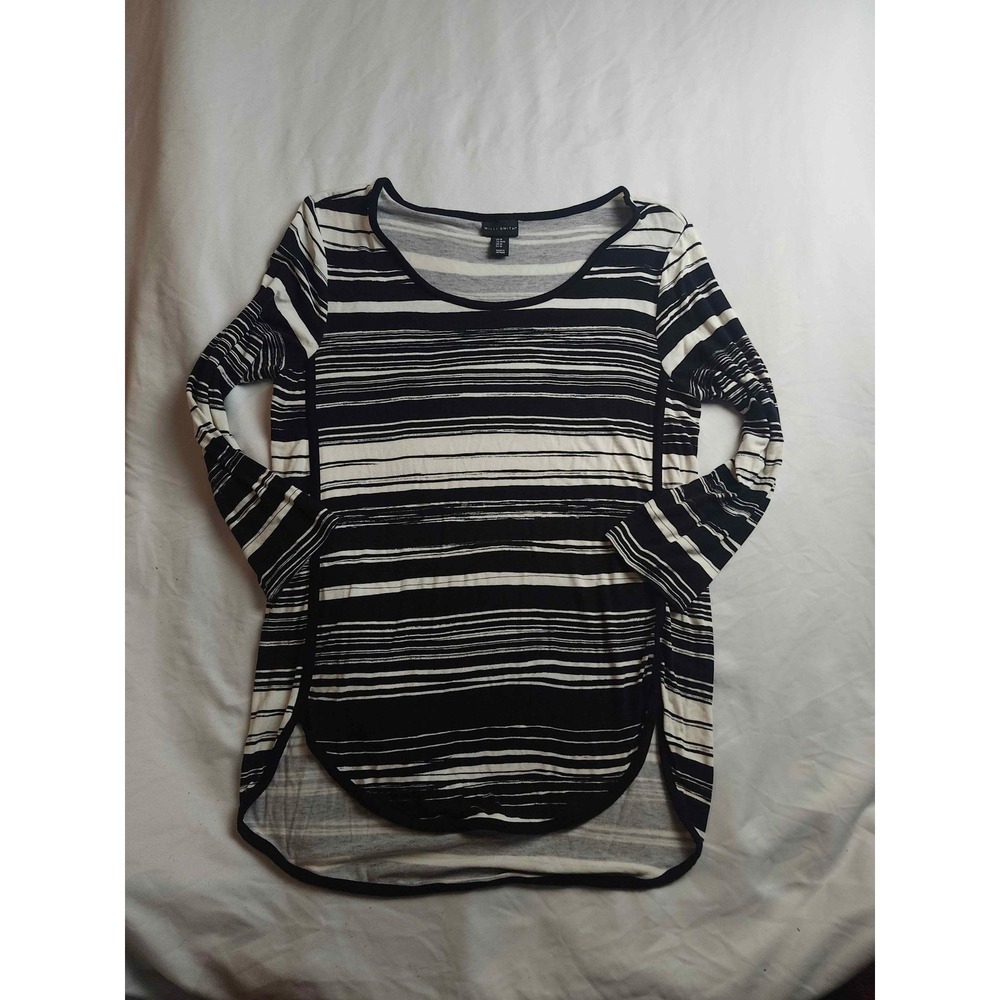 Willi Smith Womens Black White Striped High‎ Low Tunic Top Long Sleeve Medium